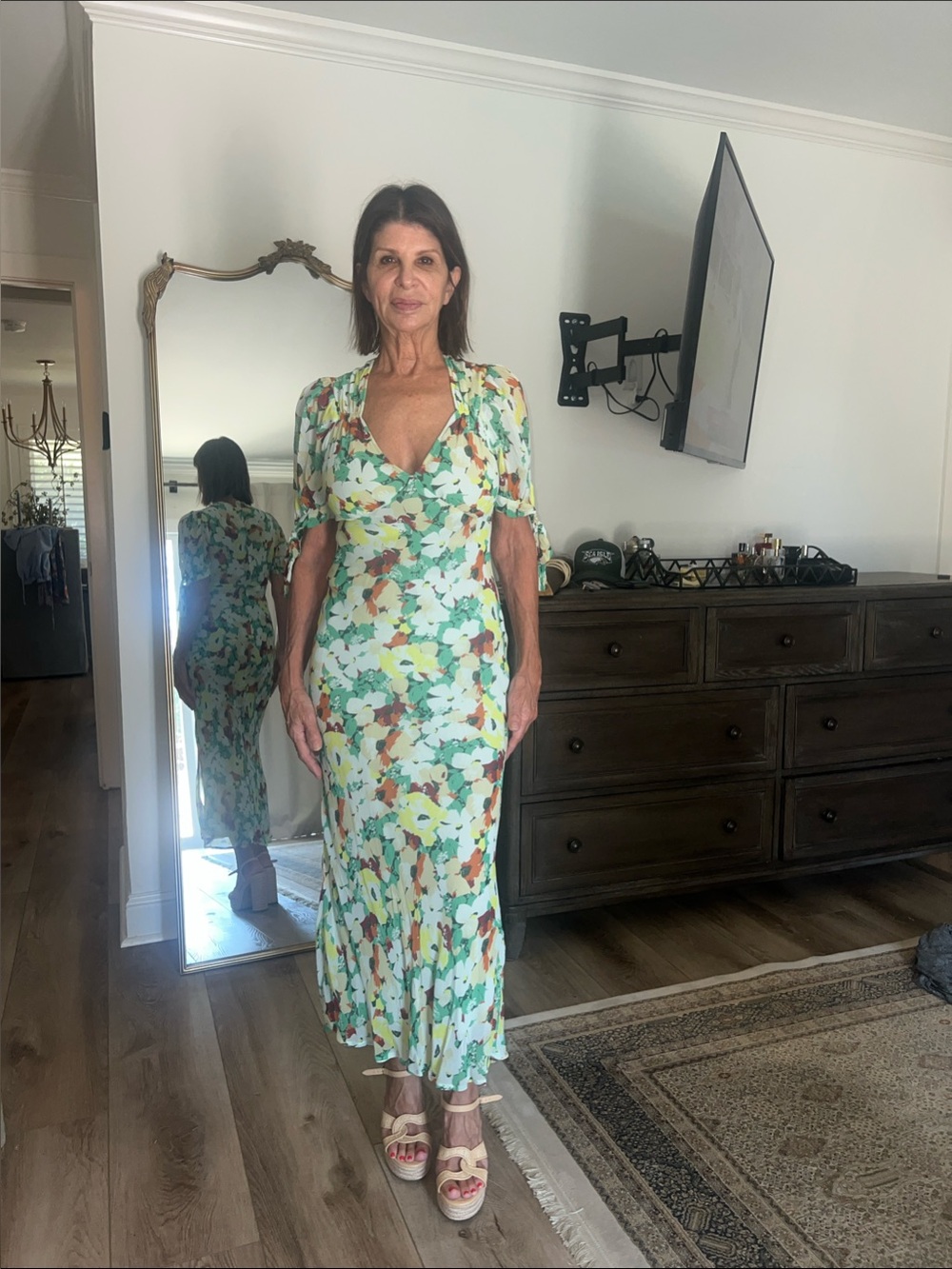 Anthropologie Mint Green Floral Wrap-Style Midi Dress